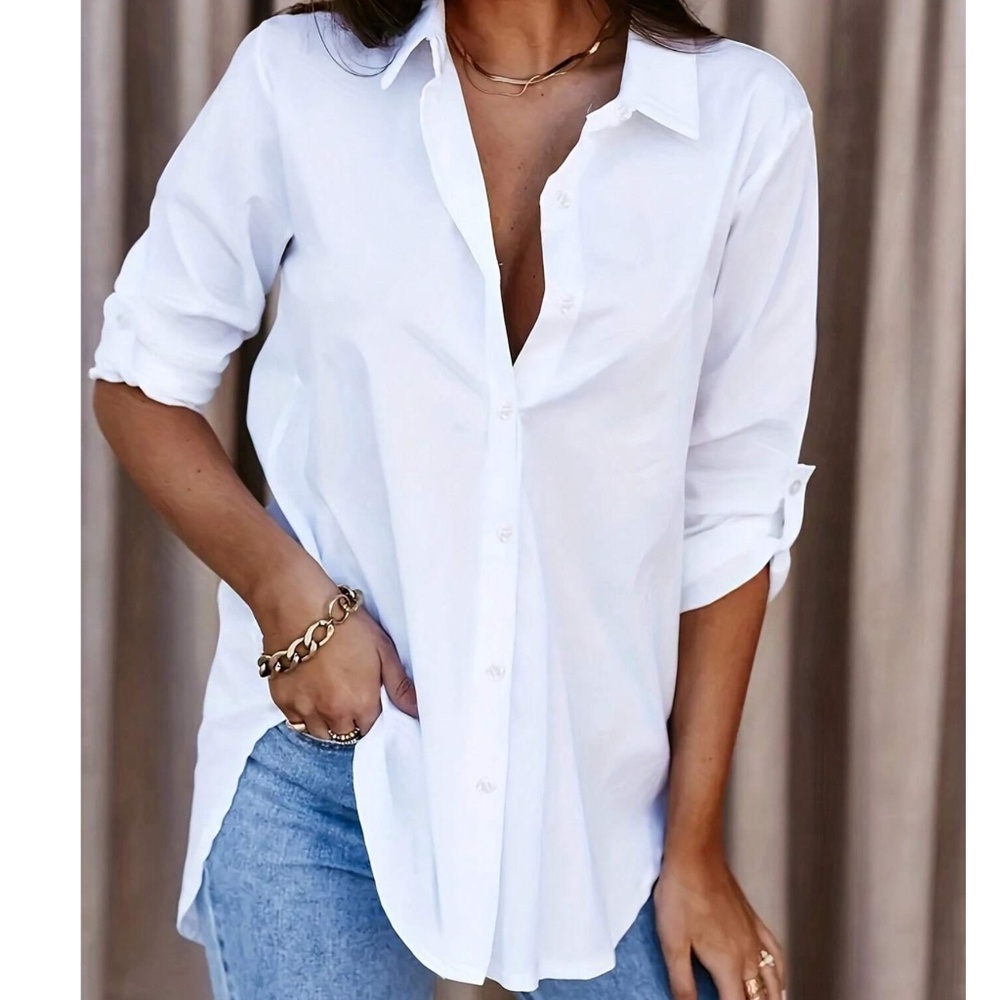 Classic button Down Boyfriend Rolled Sleeve Top - Picture 5 of 9